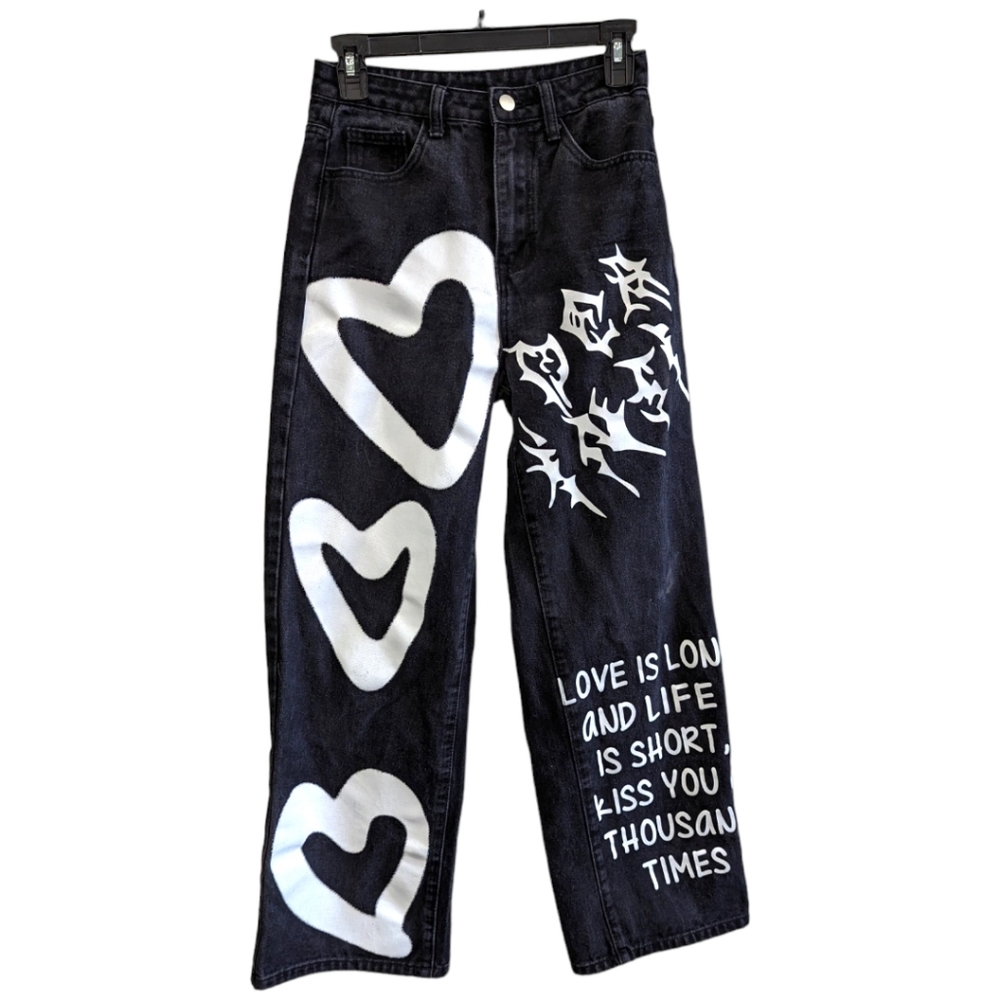High Waist Heart & Slogan Graphic Jeans Sz 2